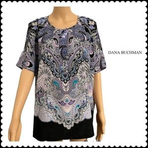 Dana Buchman Womens Medium Paisley Blue Short Sleeve Blouse